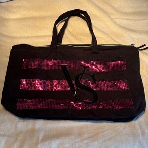 Victoria's Secret Black Tote with Pink Sequin Stripes and VS Logo